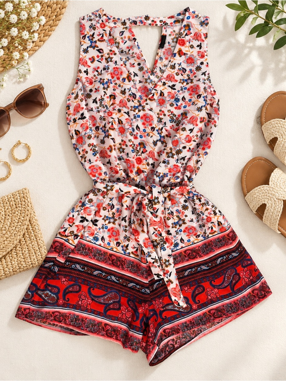 Floral Paisley Sleeveless Romper Belted Surplice V-Neck Boho Summer